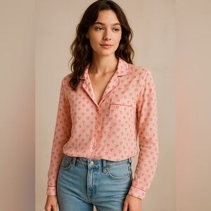 Joie Heart Print Sheer Pajama Top Womens M Pink Button Front Boho Y2K Preppy